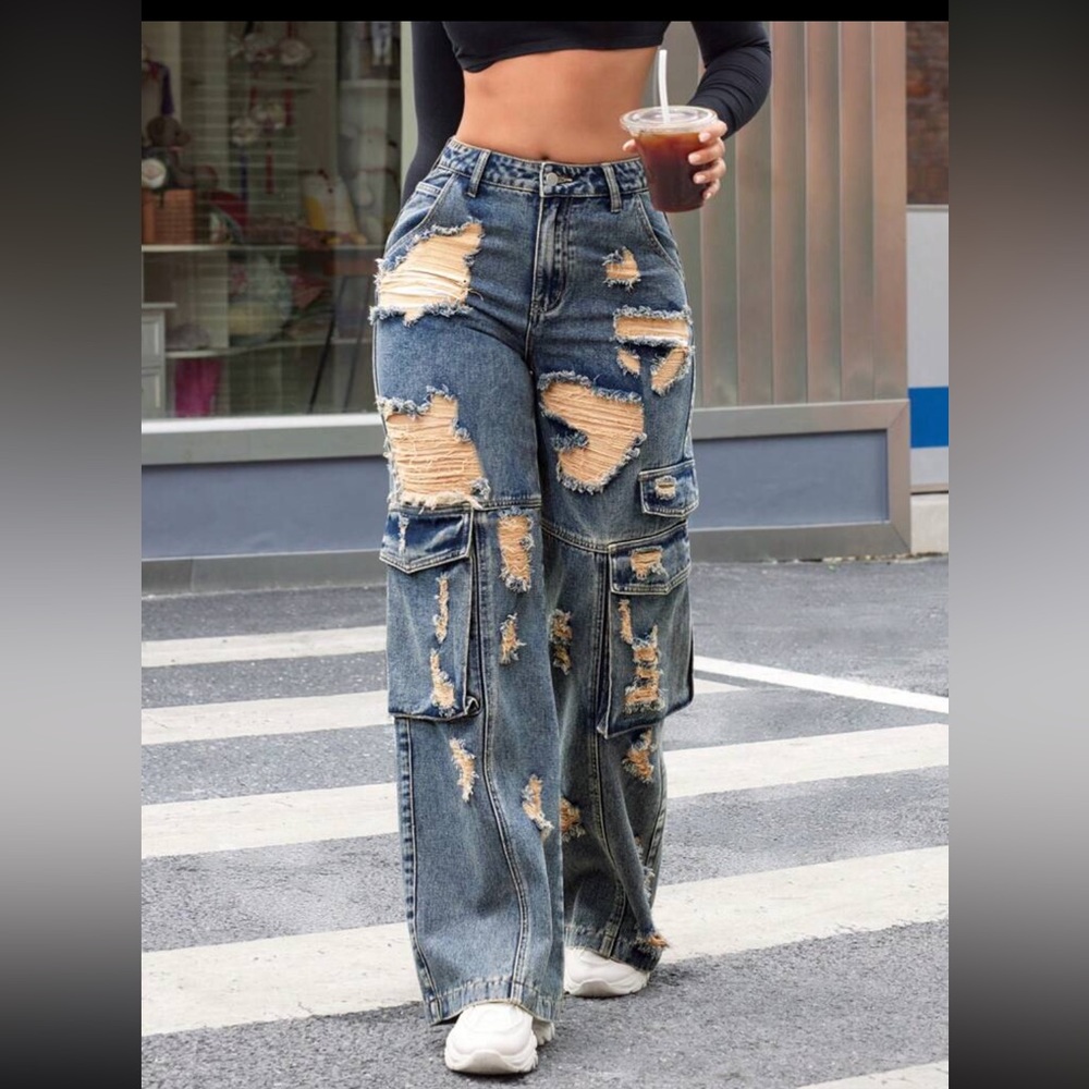 Distressed jeans Blue Cargo Jeans pants denim pockets ripped mineral wash - Picture 2 of 5